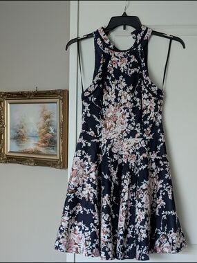 Floral Halter Skater Dress - Navy with Blush Pink
